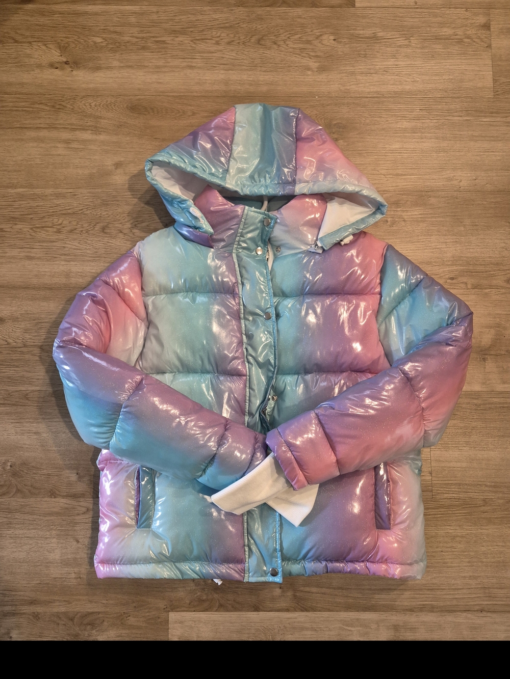 Beach Riot Iridescent Pastel Hooded Puffer Jacket - Pink, Blue, Purple